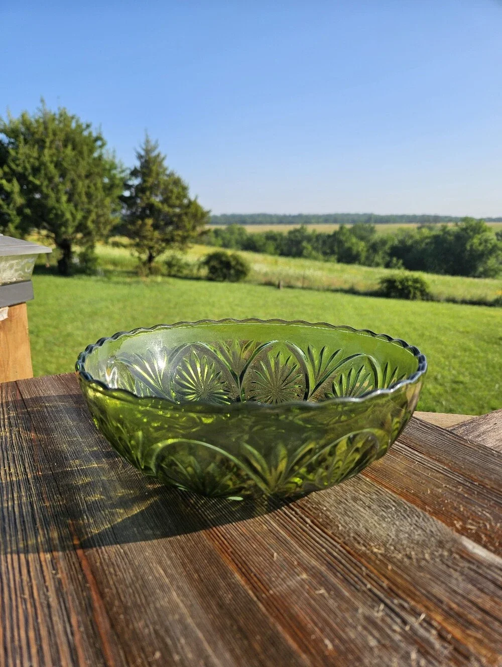 Green glass bowl with starburst pattern  #starburst